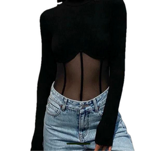 NWT Commense Mesh Combination Long Sleeve Top Black Large